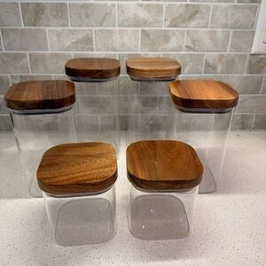 Wood Lid Glass Food Storage Jars - Set of 6 (Brown)